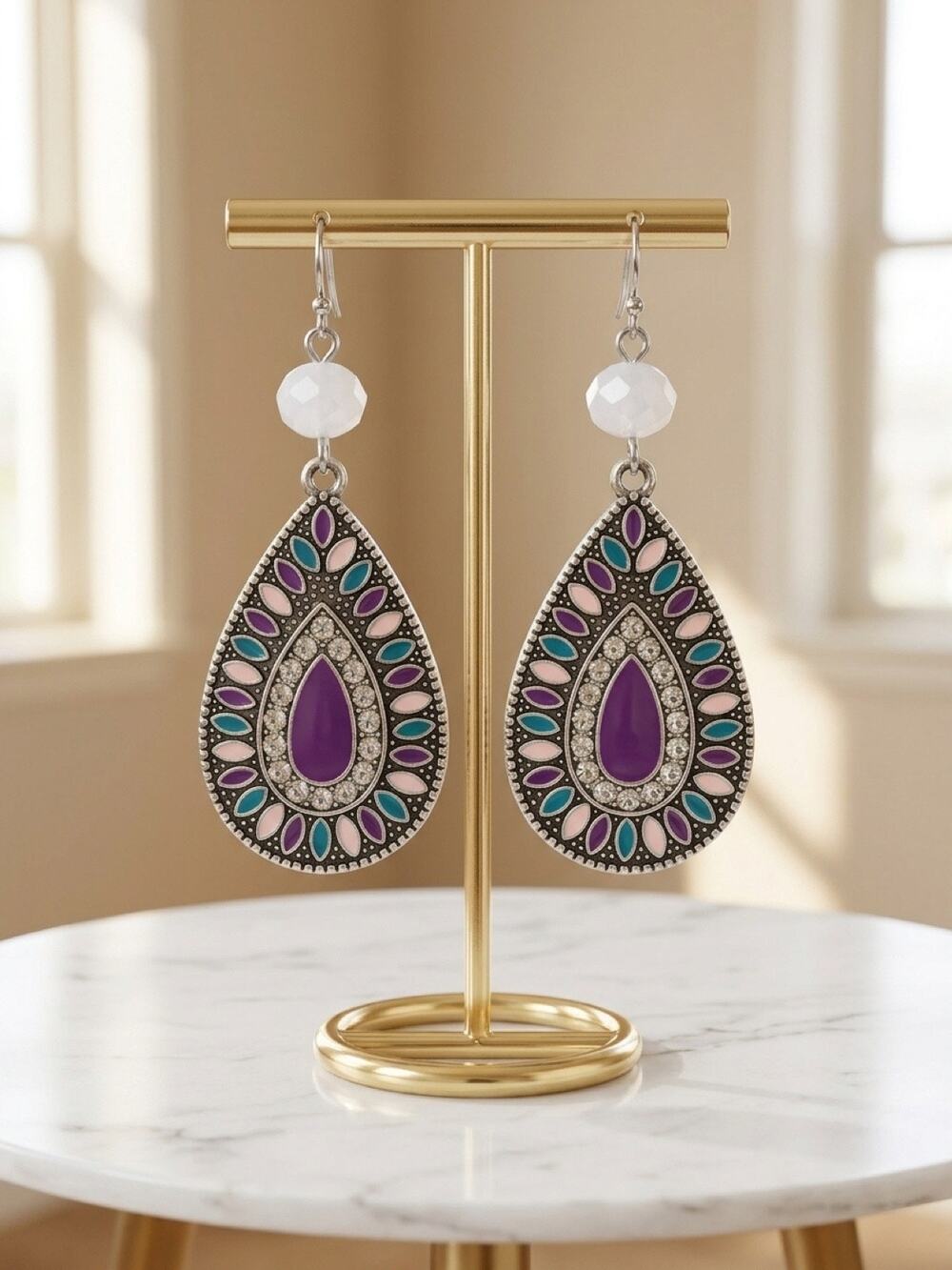 Handmade Purple & Turquoise Enamel Teardrop Earrings